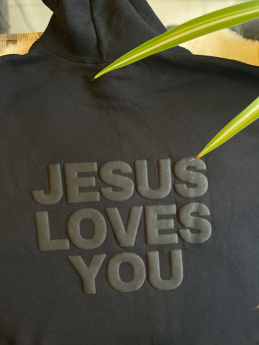 JESUS LOVES YOU BLACK ON BLACK